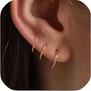Brand New 3 Pairs 14K Gold Plated Sterling Silver Small Hoop Earrings Set for Wo